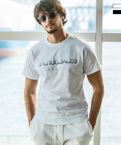 1PIU1UGUALE3 RELAX(ウノピゥウノウグァーレトレ リラックス)ランダムラインストーンロゴ半袖Tシャツ
