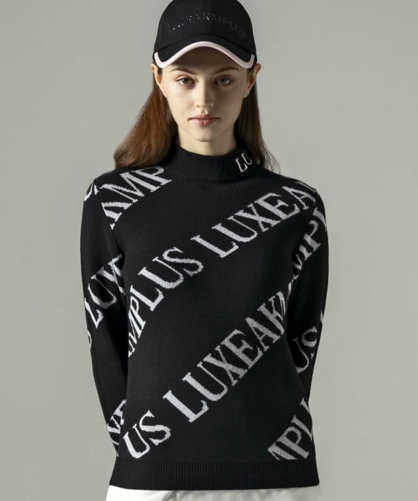 M リュクスエイケイエムプラス 総柄ビッグロゴ モックネックシャツ 黒 LUXEAKMPLUS リュクスエイケイエムプラス ゴルフ ウェア メンズ