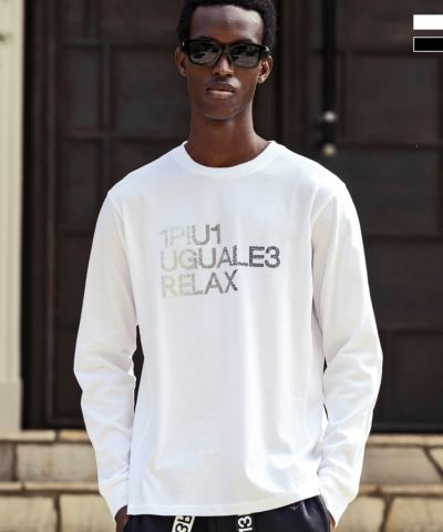 1PIU1UGUALE3 RELAX(ウノピゥウノウグァーレトレ リラックス)ラインストーンロゴロングTシャツ