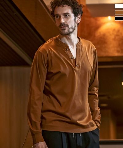1PIU1UGUALE3 RELAX(ウノピゥウノウグァーレトレ リラックス)ダブルシルケットヘンリーネックロングTシャツ 8月下旬お届け