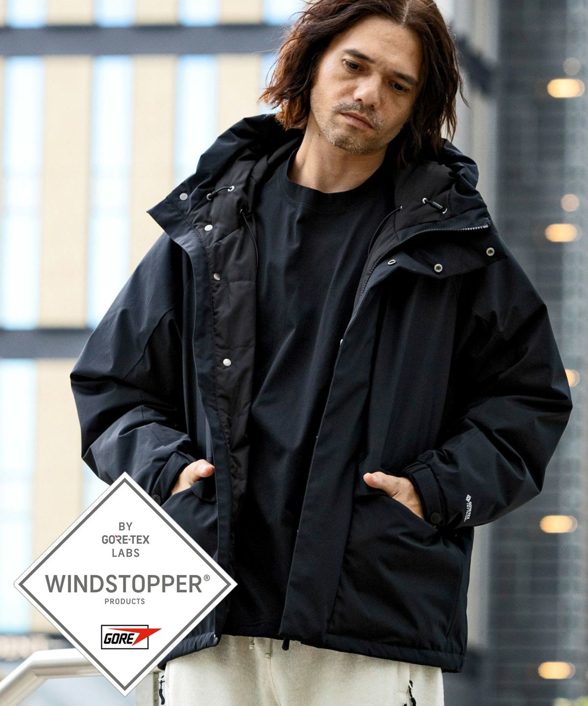 +phenix(プラスフェニックス)フラップポケットダウンジャケット WINDSTOPPER プロダクト by GORE-TEX LABS  /ウィンドストッパー/ゴアテックス/ダウンコート/ブルゾン/フード/スタンドカラー