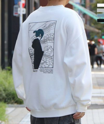 ILL'S（イルズ）イラストバックプリント ワンポイント刺繍 ビッグシルエット プルオーバースウェット カットソー ユニセックス