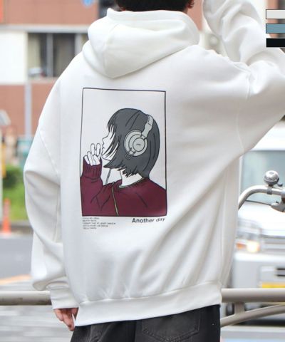 ILL'S（イルズ）イラストバックプリント ワンポイント刺繍 ビッグシルエット プルオーバーパーカー フーディー カットソー ユニセックス