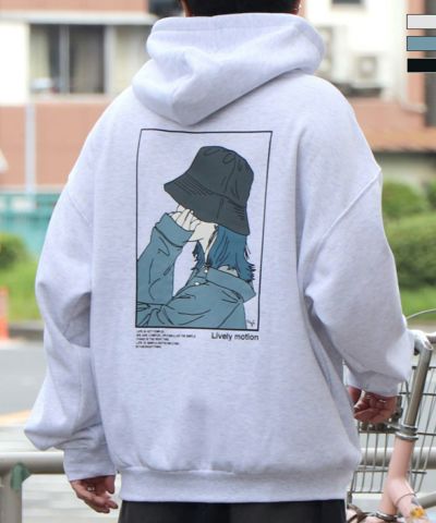 ILL'S（イルズ）イラストバックプリント ワンポイント刺繍 ビッグシルエット プルオーバーパーカー フーディー カットソー ユニセックス
