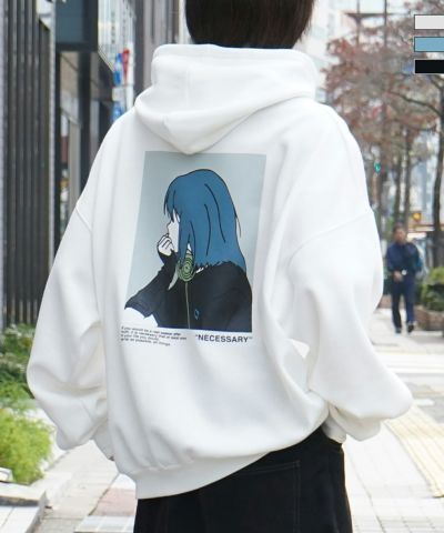 ILL'S（イルズ）イラストバックプリント ワンポイント刺繍 ビッグシルエット プルオーバーパーカー フーディー カットソー ユニセックス