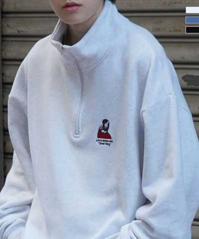ILL'S（イルズ）イラストワンポイント 8ボールヘッドホン刺繍 ビッグシルエット 裏起毛ハーフジッププルオーバースウェット カットソー ユニセックス