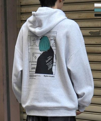 ILL'S（イルズ）イラストバックプリント ワンポイント刺繍 ビッグシルエット プルオーバーパーカー フーディー カットソー ユニセックス