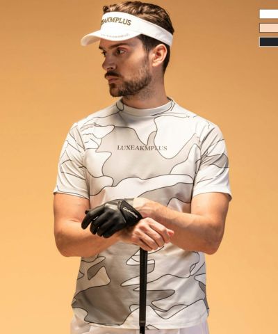 LUXEAKMPLUS(リュクスエイケイエムプラス)ゴルフ カモ柄半袖モックネックTシャツ(吸水速乾 / UVカット)