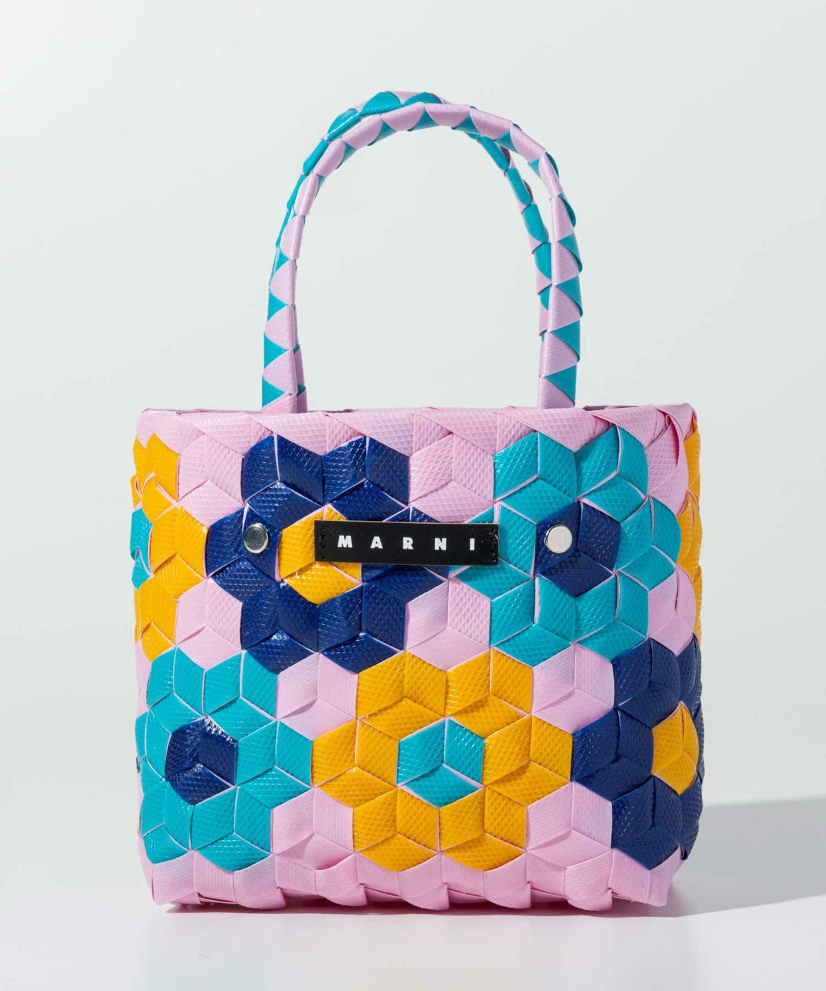 マルニ★絶対可愛いロゴ刺繍入りウーブントップハンドルバッグ青 ブルー ストライプ Tribeca ショッピングバッグ、マルニロゴ入り