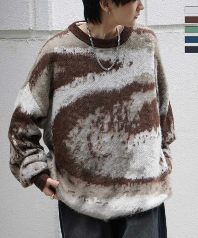 Confirm（コンファーム）モヘアライク ルーズシルエット グラデーション 煙柄ジャガード シャギープルオーバーニット