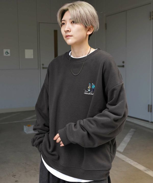 オーバーサイズフラワー刺繍裏起毛スウェット/メンズ/レディース