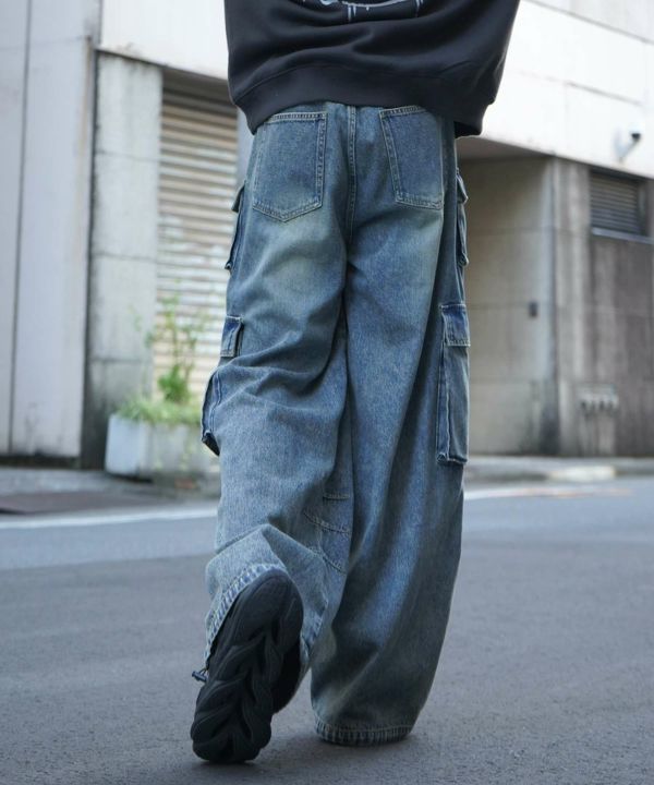 y2k グランジ ナイロンカーゴパンツ ワイド 汚し加工 ムラ染 ストリート極太 y2k グランジ ナイロンカーゴパンツ ワイド 汚し加工 ムラ染
