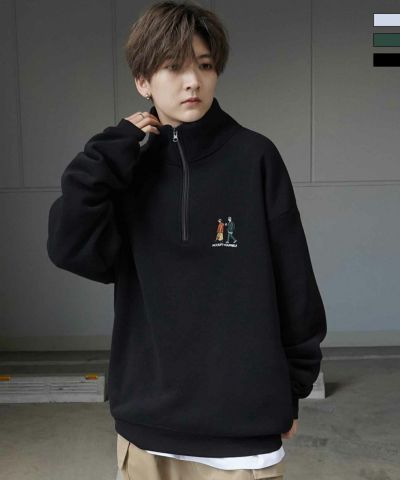 ILL'S（イルズ）ワンポイント刺繍ロゴ おじ刺繍 デイリーウォーキング ビッグシルエット 裏起毛プルオーバーハーフジップスウェット カットソー ユニセックス