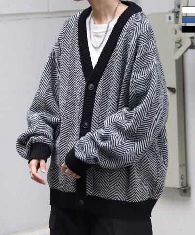 Confirm（コンファーム）ビッグシルエット 柄アソートニットカーディガン ヘリンボーン ニュアンス 煙柄