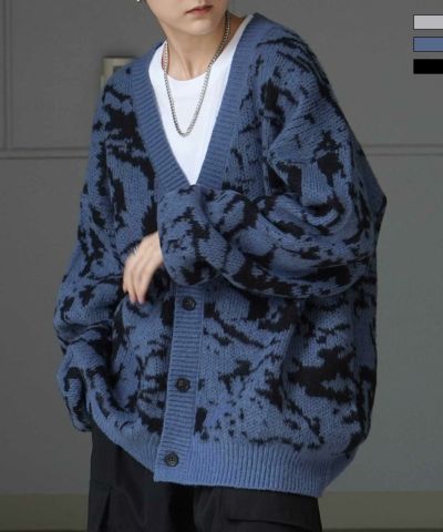 Confirm（コンファーム）ビッグシルエット 柄アソートニットカーディガン ヘリンボーン ニュアンス 煙柄
