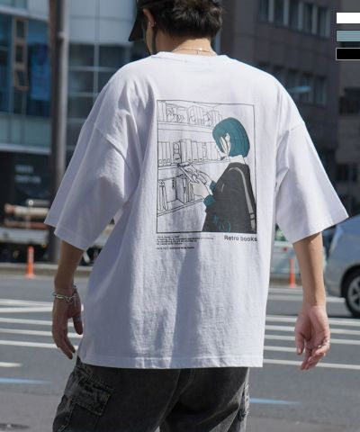 ILL'S（イルズ）ブックガール イラストバックプリント / ワンポイント刺繍 ビッグシルエット半袖Tシャツ