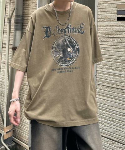 ILL'S（イルズ）ヴィンテージライク ロックプリント レトロ ピグメント加工 ビッグシルエット半袖バンドTシャツ