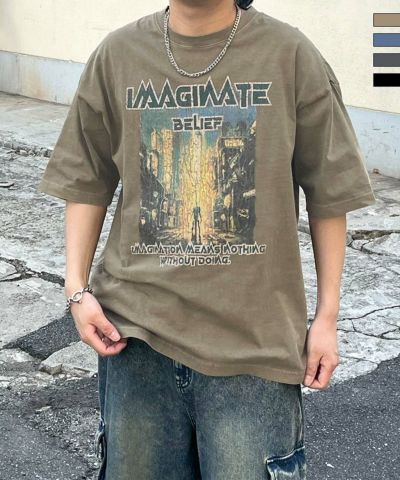 ILL'S（イルズ）ヴィンテージライク ロックプリント レトロ ピグメント加工 ビッグシルエット半袖バンドTシャツ