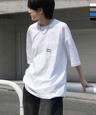 ILL’S(イルズ)【96thes】韓国ストリート ビッグシルエット ワンポイントマタギ刺繍 半袖Tシャツ