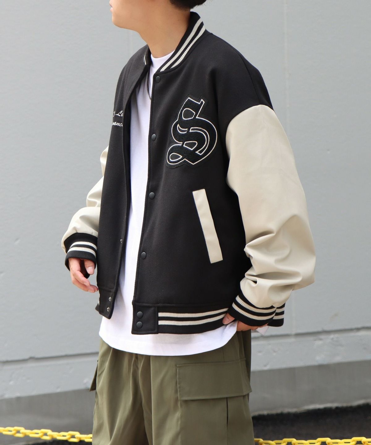 ウールスタジャン　USA製　刺繍ロゴ　キルティング　ブラック　メンズS ILL'S（イルズ）サガラワッペン刺繍 ビッグシルエットスタジャン