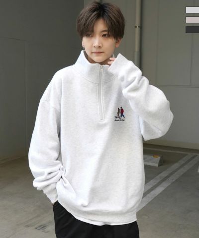 ILL'S（イルズ）ウォーキング刺繍B ワンポイント刺繍ロゴ ビッグシルエット 裏起毛プルオーバーハーフジップスウェット