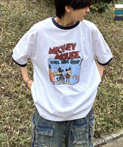 ILL'S（イルズ）Disney ヴィンテージライクプリント ミッキー リンガー半袖Tシャツ