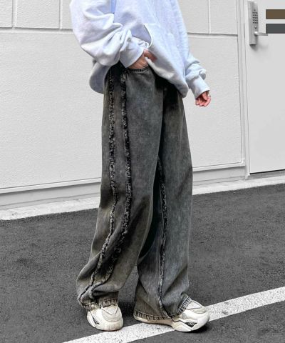 ILL'S（イルズ）【96thes SELECT】ヴィンテージライク サイドフリンジライン ワイドデニムパンツ