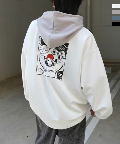 ILL'S（イルズ）【RED CAP GIRL】ビッグシルエット とろみポンチ 落ち感ドレープ 配色フード バックプリント ダンボールニットプルオーバーパーカー