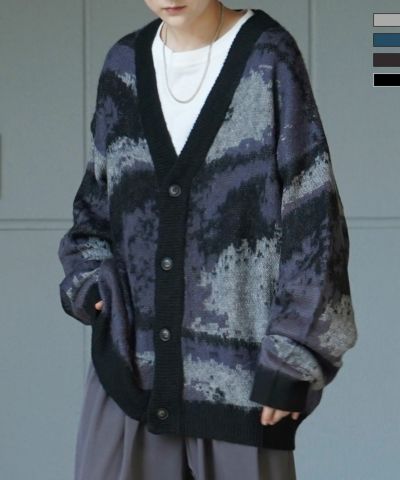 Confirm(コンファーム) モヘアライク ルーズシルエット グラデーション 煙柄ジャガード シャギーニットカーディガン