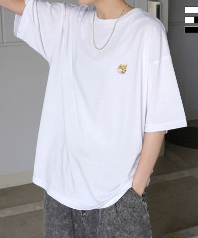 ILL’S(イルズ) ビッグシルエット いぬ / ねこ 動物ワンポイント刺繍Tシャツ カットソー ユニセックス