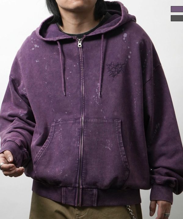 ILL'S(イルズ)トライバルハート刺繍 フルジップパーカー グランジ加工